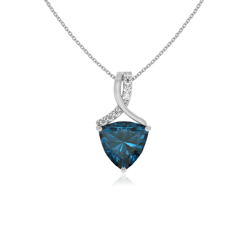 Natural London Blue Topaz Trillion Solitaire Pendant Necklace with Diamond Accents (18" Chain)
