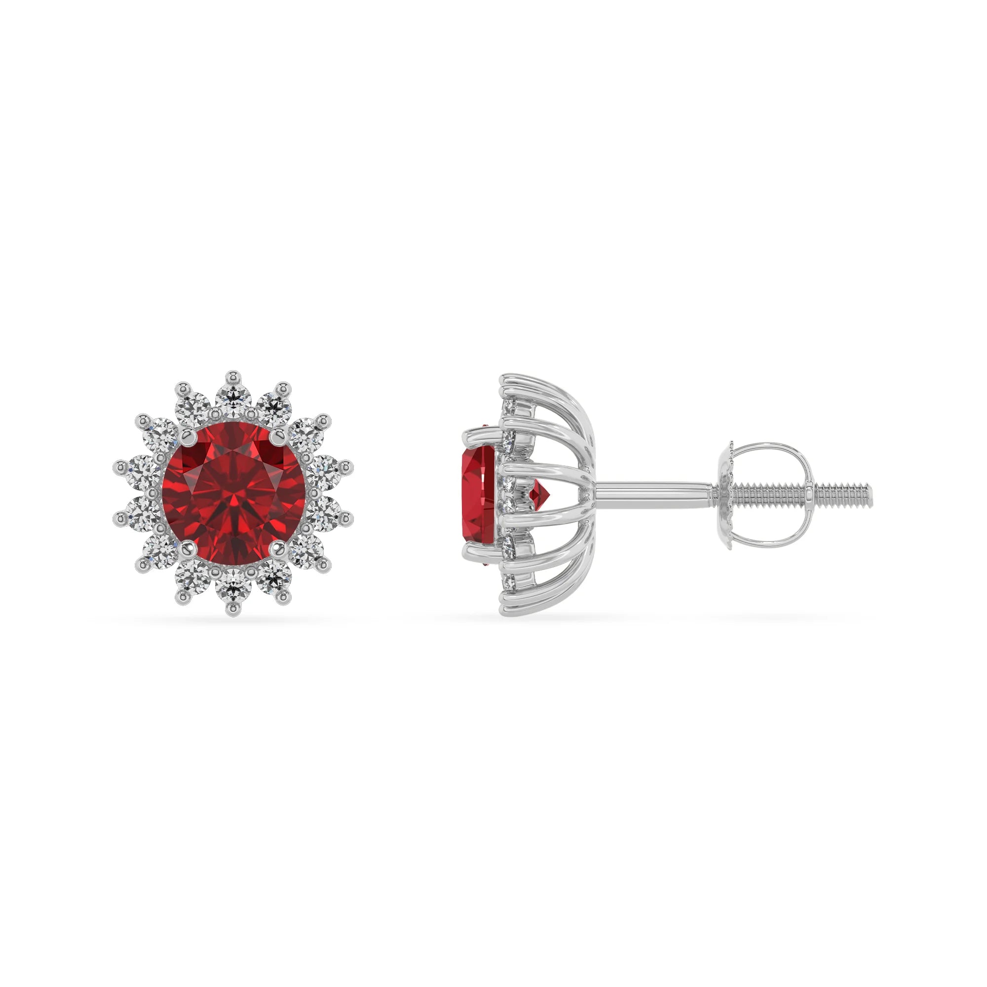 lab grown ruby round stud earrings in white gold 
