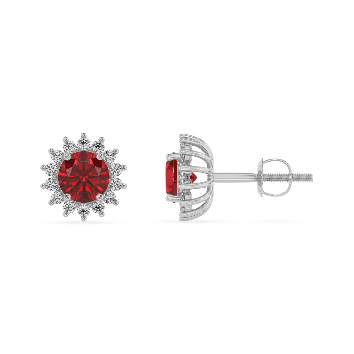 lab grown ruby round stud earrings in white gold 