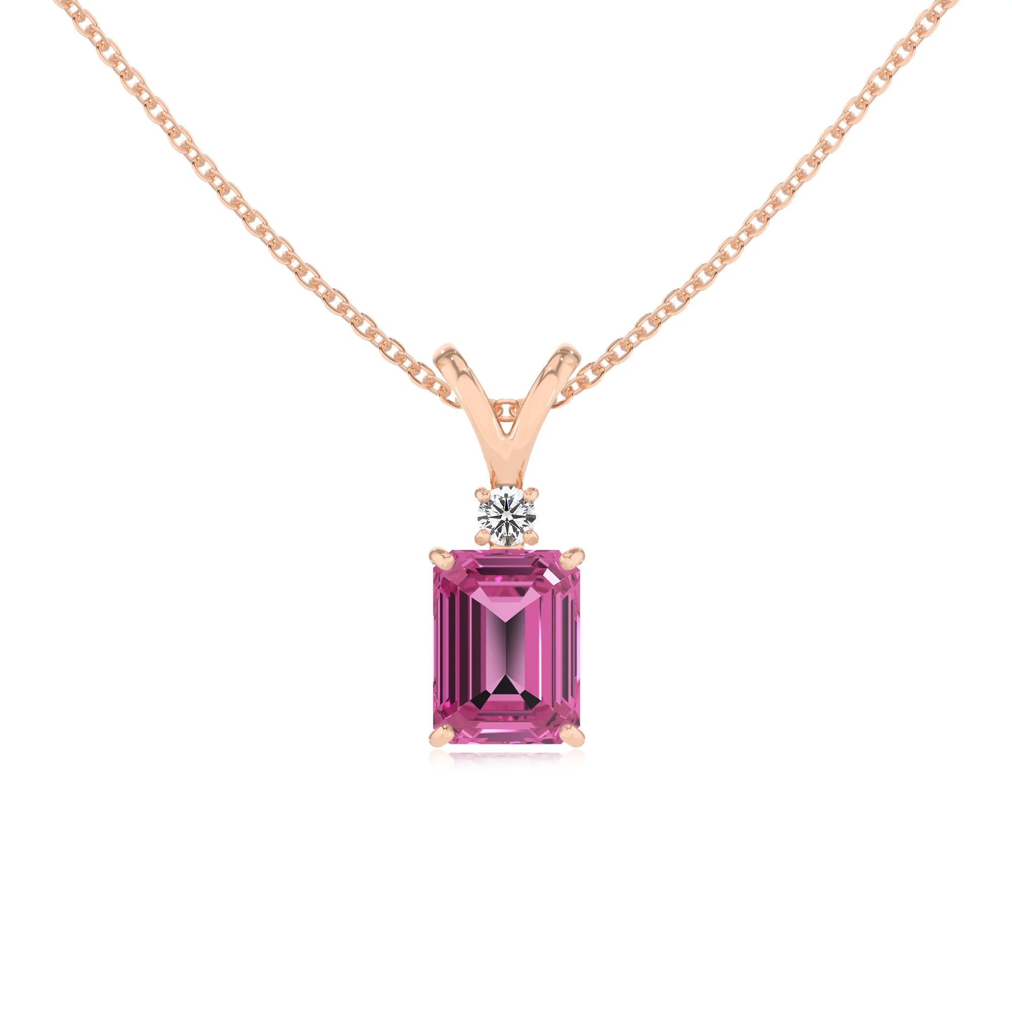 lab grown pink-sapphire emerald cut solitaire v-bale necklaces in rose gold 
