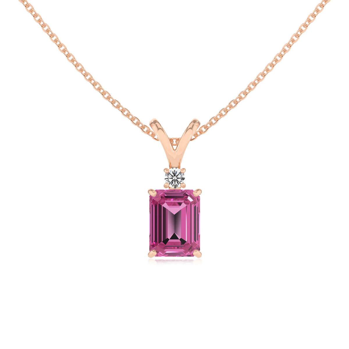 lab grown pink-sapphire emerald cut solitaire v-bale necklaces in rose gold 
