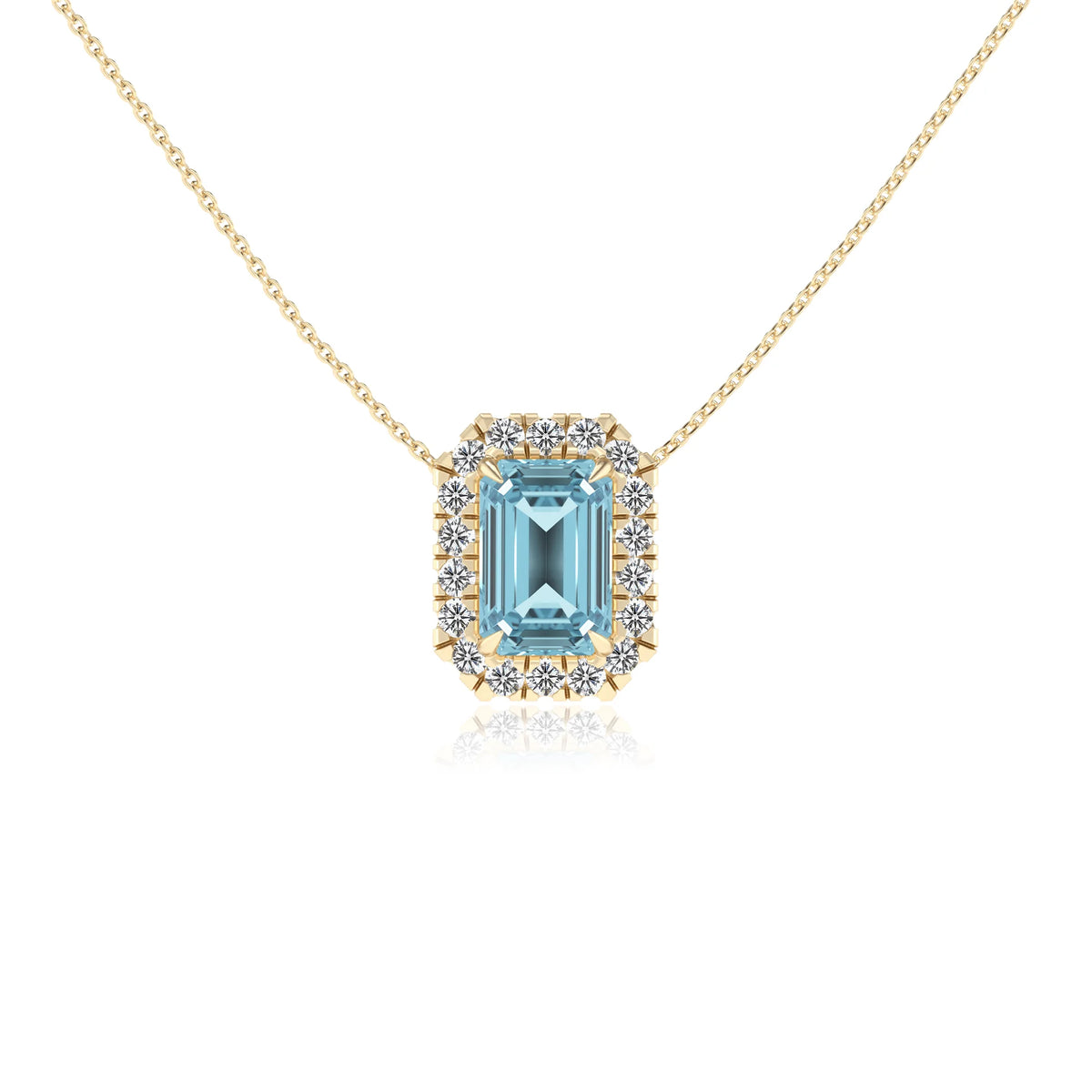 lab grown aquamarine emerald cut solitaire necklaces in yellow gold 