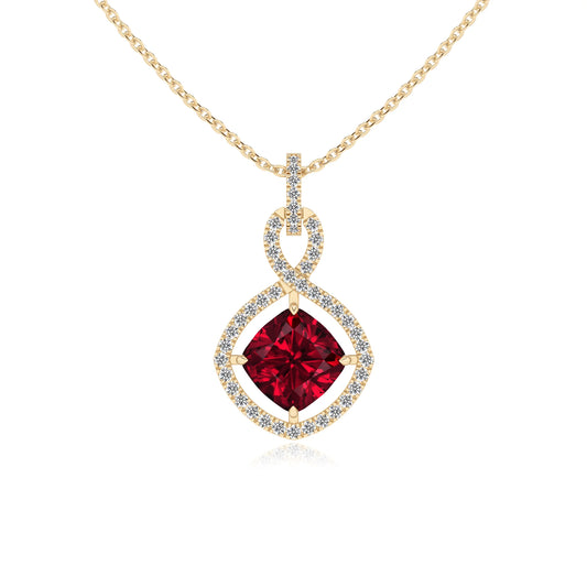 lab grown ruby cushion infinity necklaces in yellow gold 