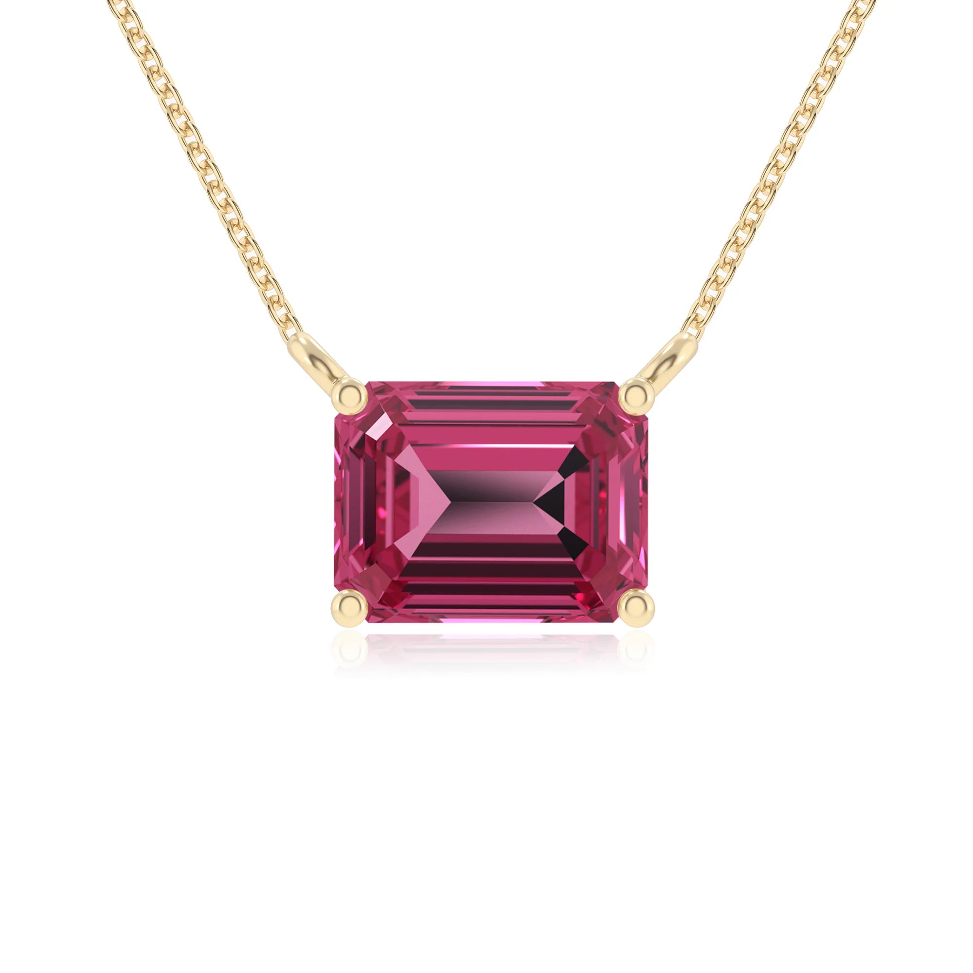 lab grown pink-tourmaline emerald cut solitaire necklaces in yellow gold 