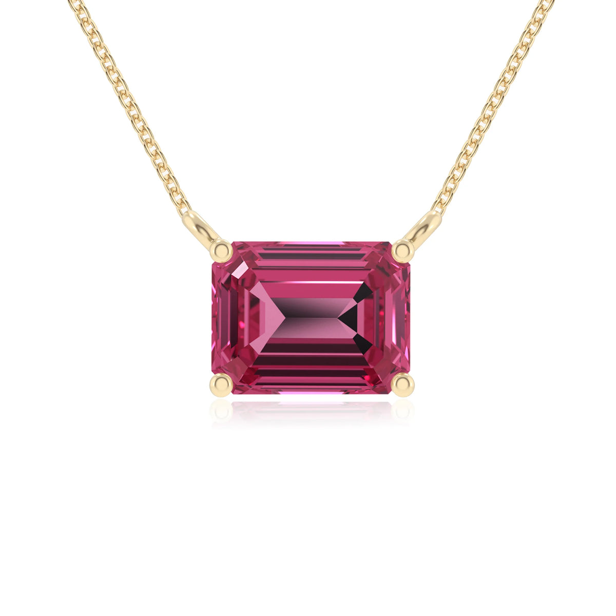 lab grown pink-tourmaline emerald cut solitaire necklaces in yellow gold 