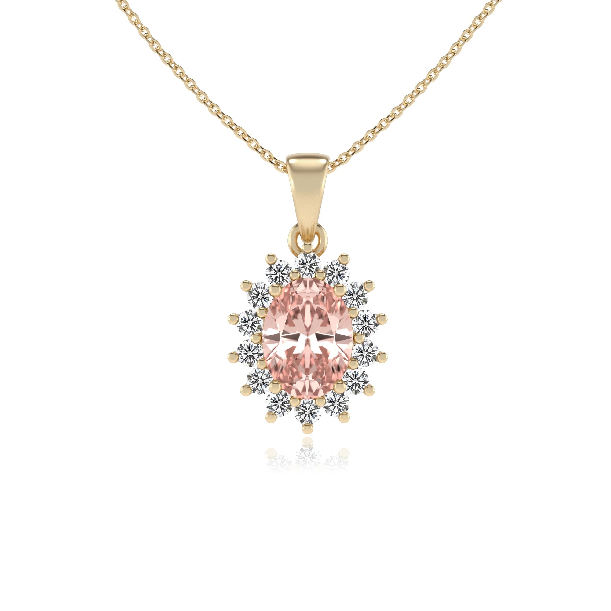 lab grown morganite oval halo necklaces in yellow gold 