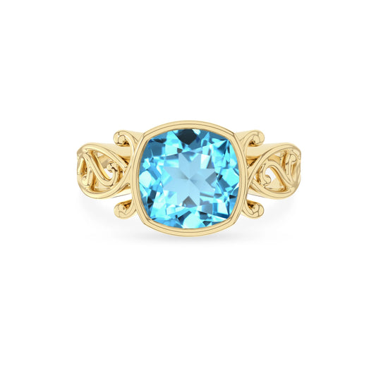 natural swiss-blue-topaz cushion solitaire rings in yellow gold 