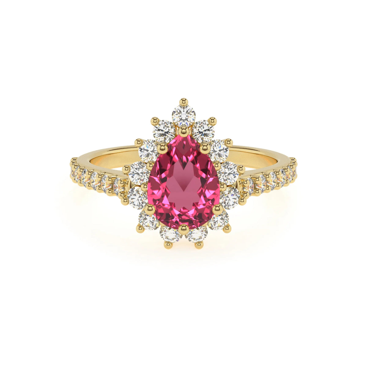lab grown pink-tourmaline pear solitaire rings in yellow gold 