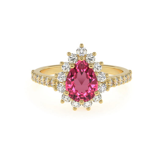 lab grown pink-tourmaline pear solitaire rings in yellow gold 