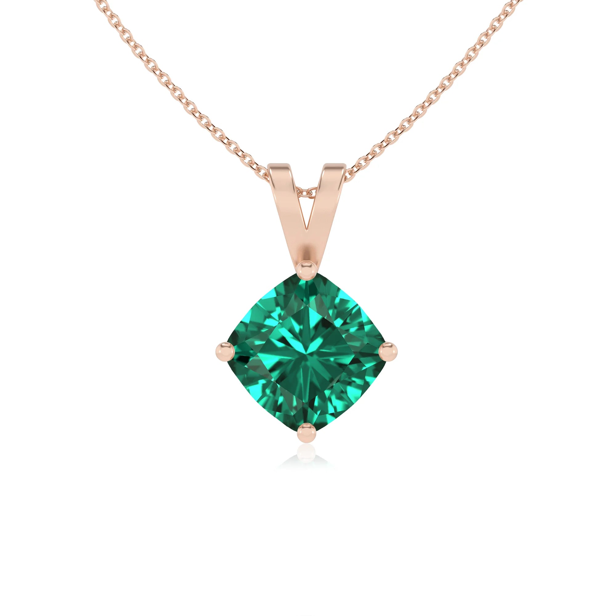 lab grown emerald cushion solitaire v-bale necklaces in rose gold 
