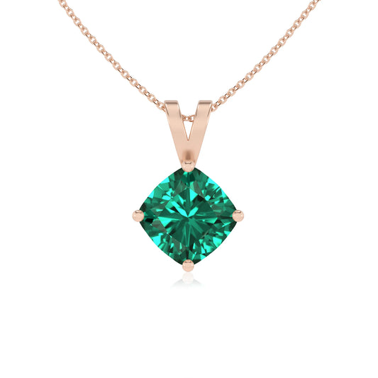 lab grown emerald cushion solitaire v-bale necklaces in rose gold 