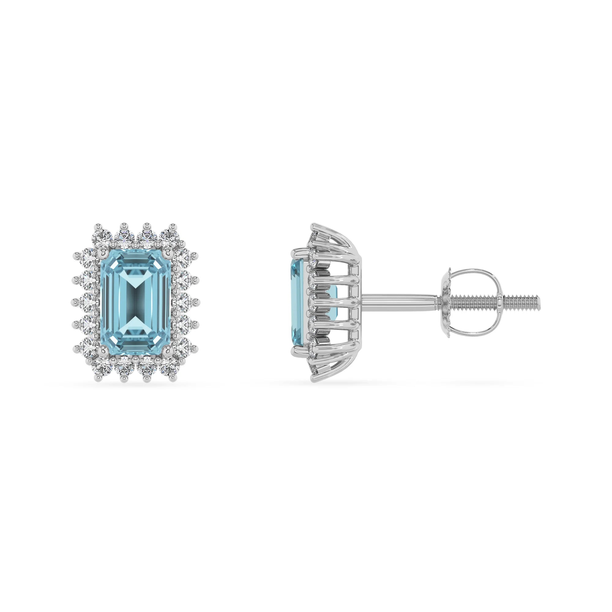 lab grown aquamarine emerald cut stud earrings in white gold 