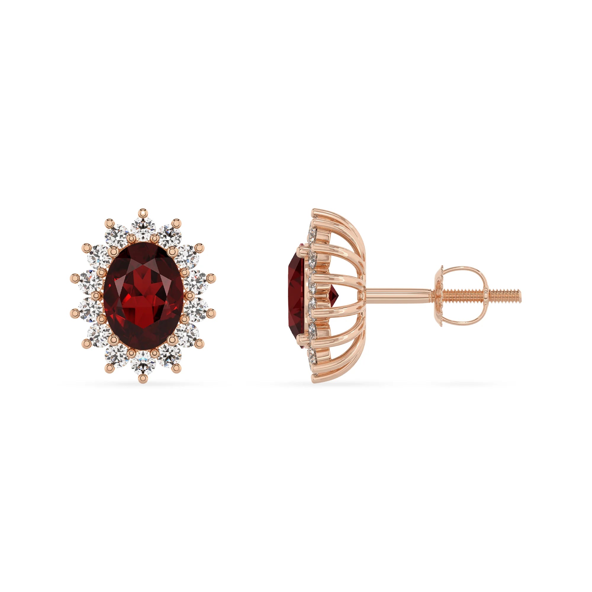 natural garnet oval stud earrings in rose gold 