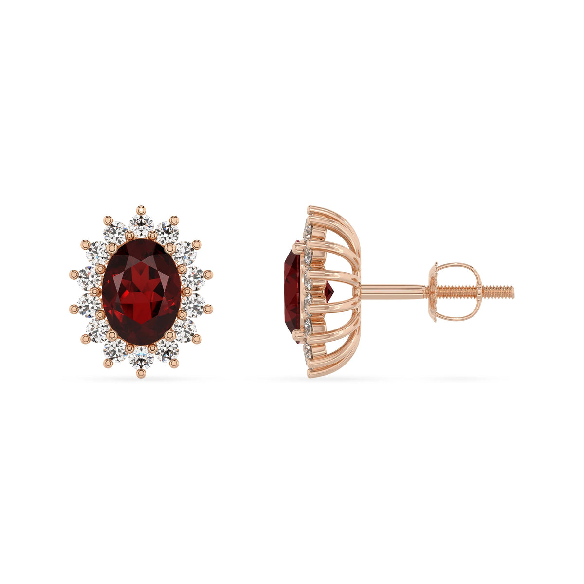 natural garnet oval stud earrings in rose gold 