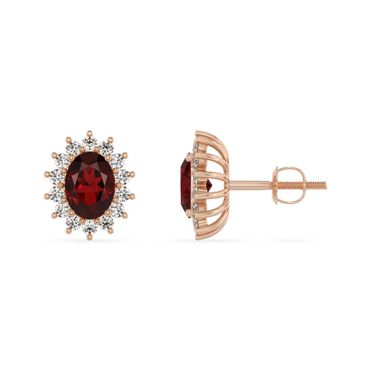 natural garnet oval stud earrings in rose gold 