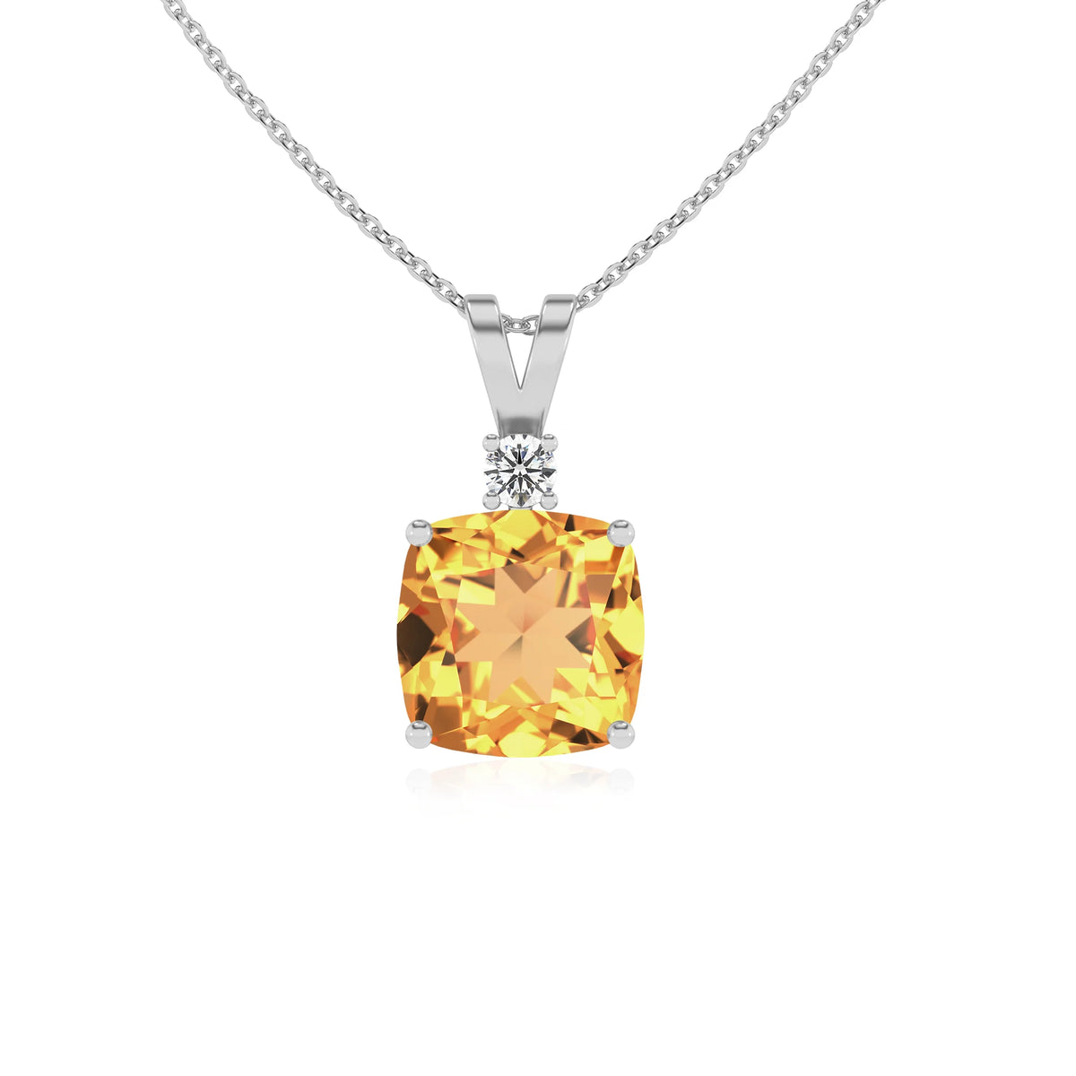 lab grown citrine cushion solitaire v-bale necklaces in white gold 