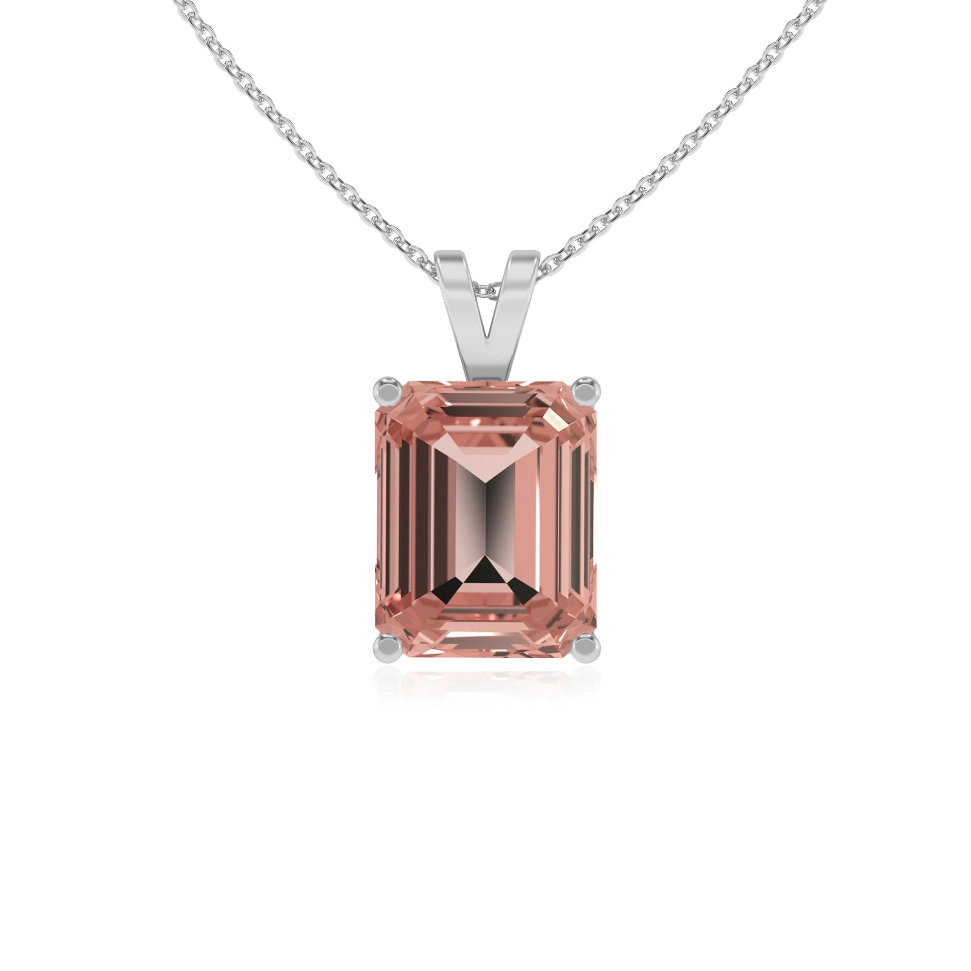 lab grown morganite emerald cut solitaire v-bale necklaces in platinum 