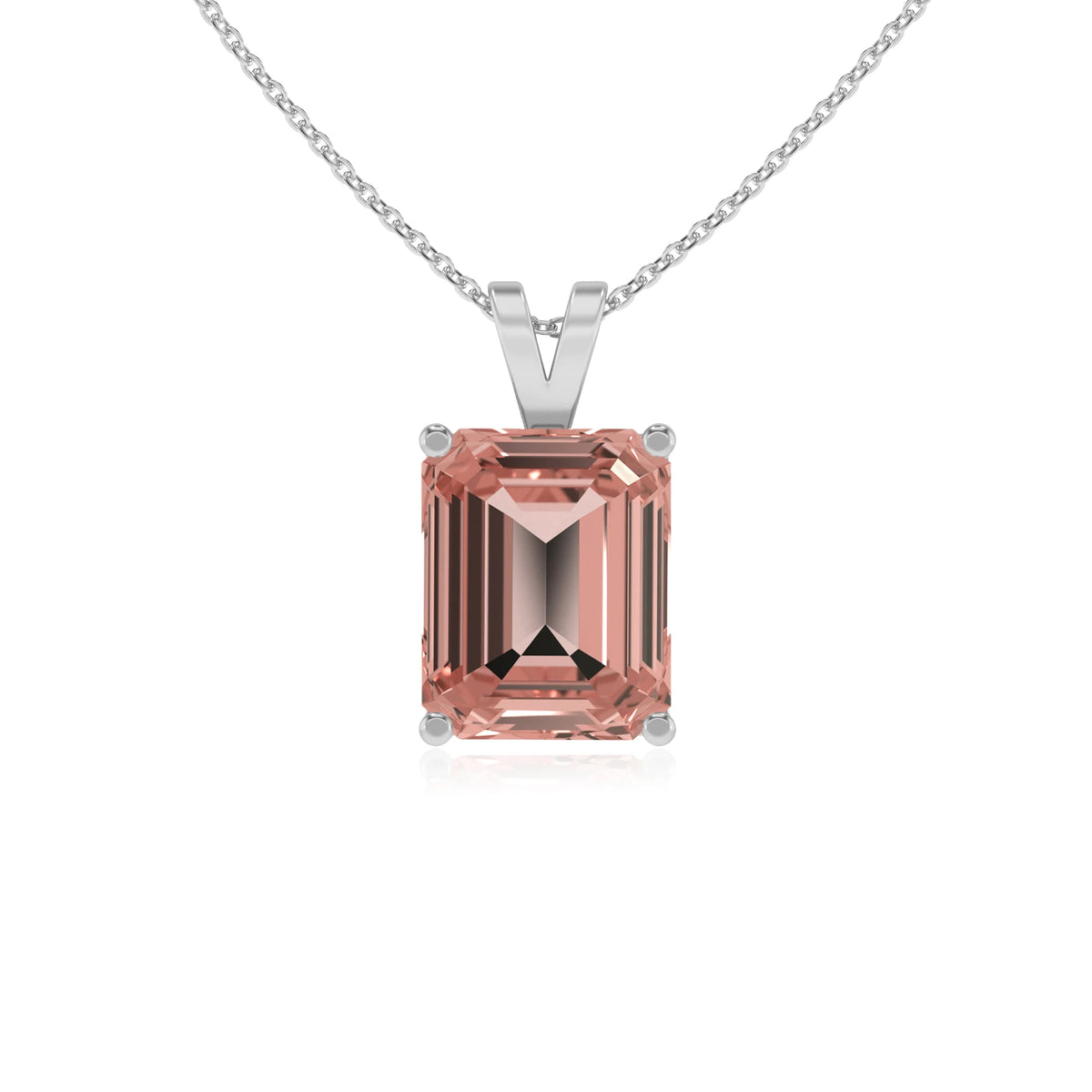 lab grown morganite emerald cut solitaire v-bale necklaces in platinum 
