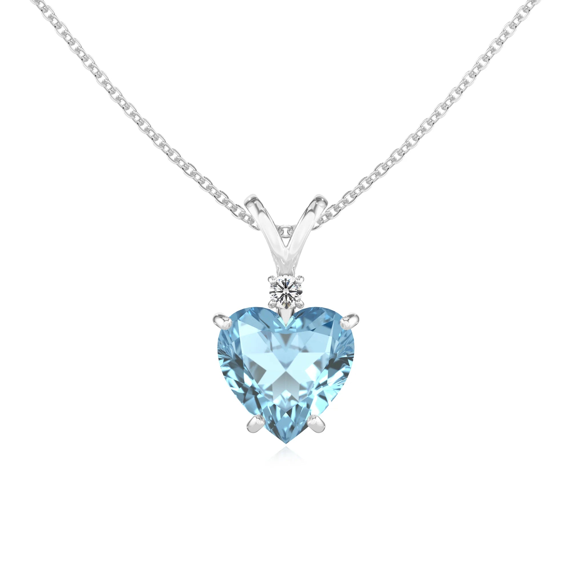 lab grown aquamarine heart solitaire v-bale necklaces in white gold 