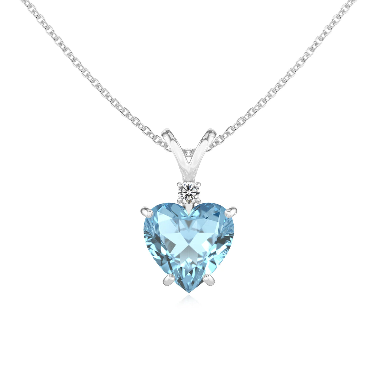 lab grown aquamarine heart solitaire v-bale necklaces in white gold 