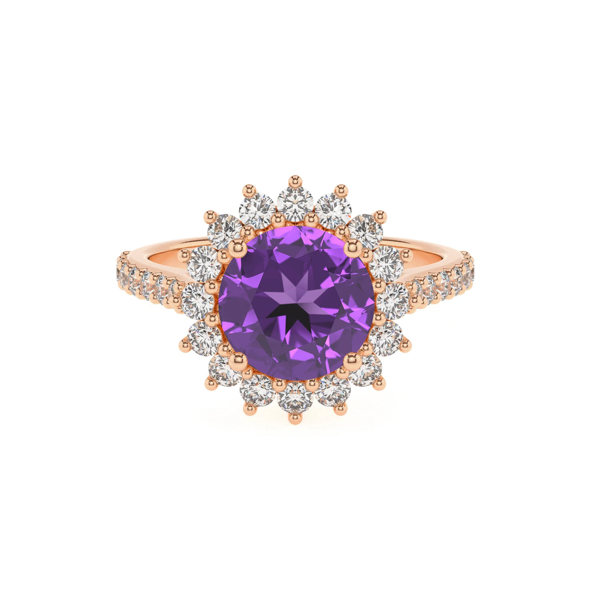 lab grown amethyst round solitaire rings in rose gold 