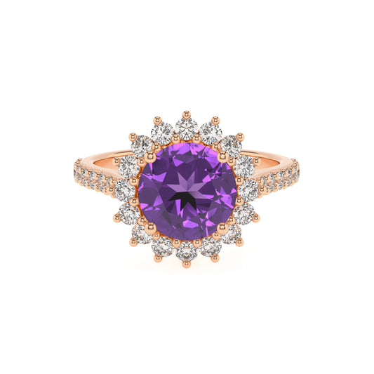 lab grown amethyst round solitaire rings in rose gold 