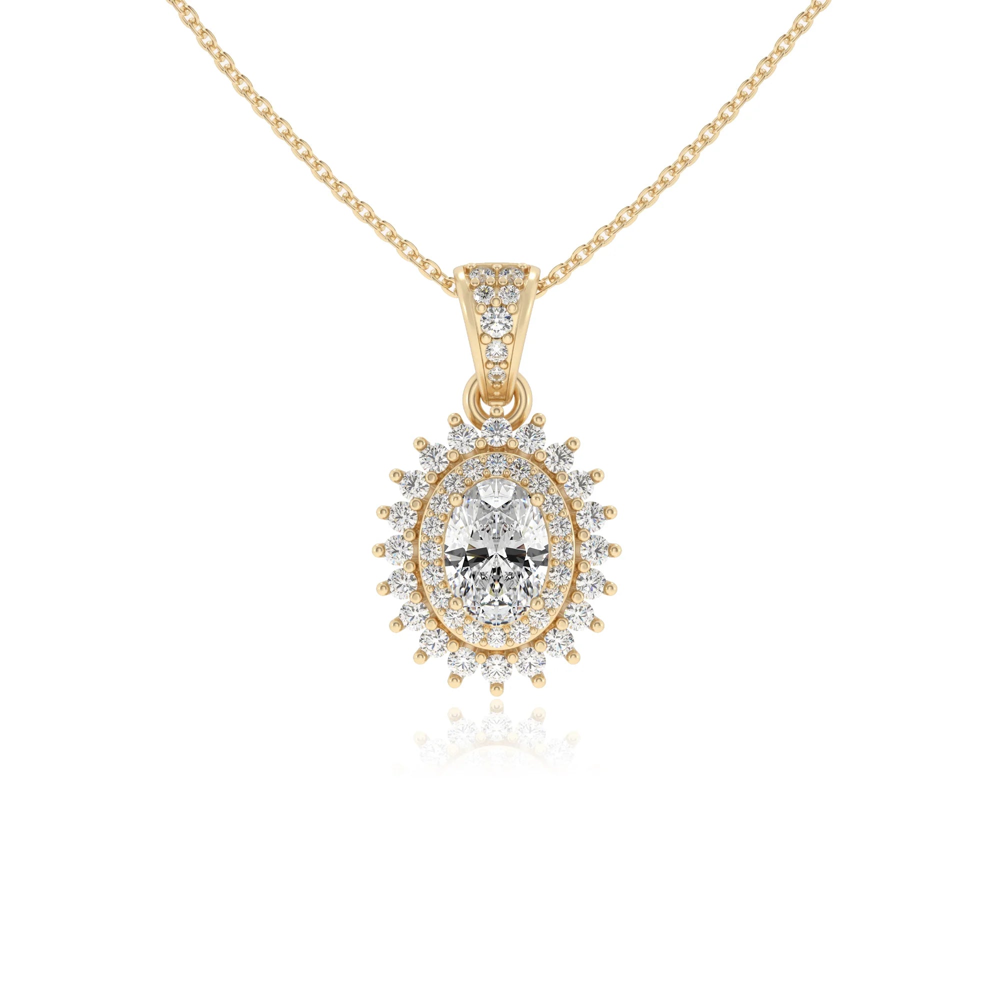 lab grown moissanite oval halo necklaces in yellow gold 