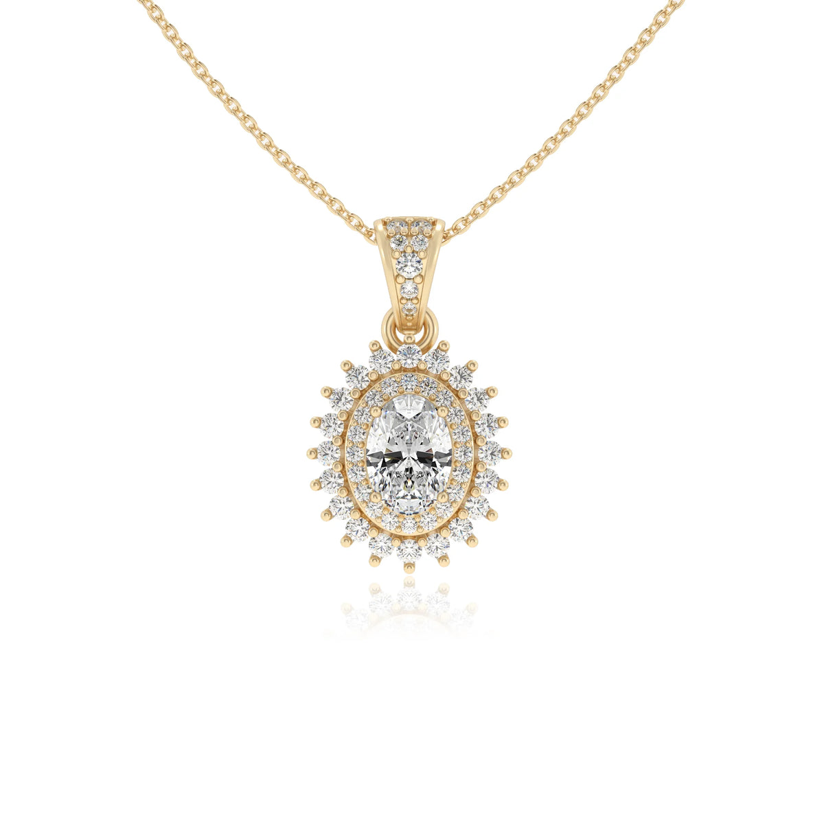 lab grown moissanite oval halo necklaces in yellow gold 