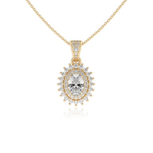 lab grown moissanite oval halo necklaces in yellow gold 