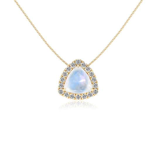 natural rainbow moonstone trillion solitaire necklaces in yellow gold 