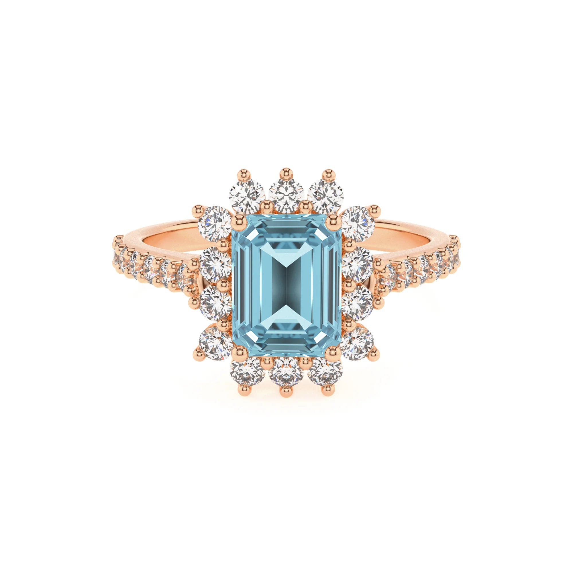 lab grown aquamarine emerald cut solitaire rings in rose gold 