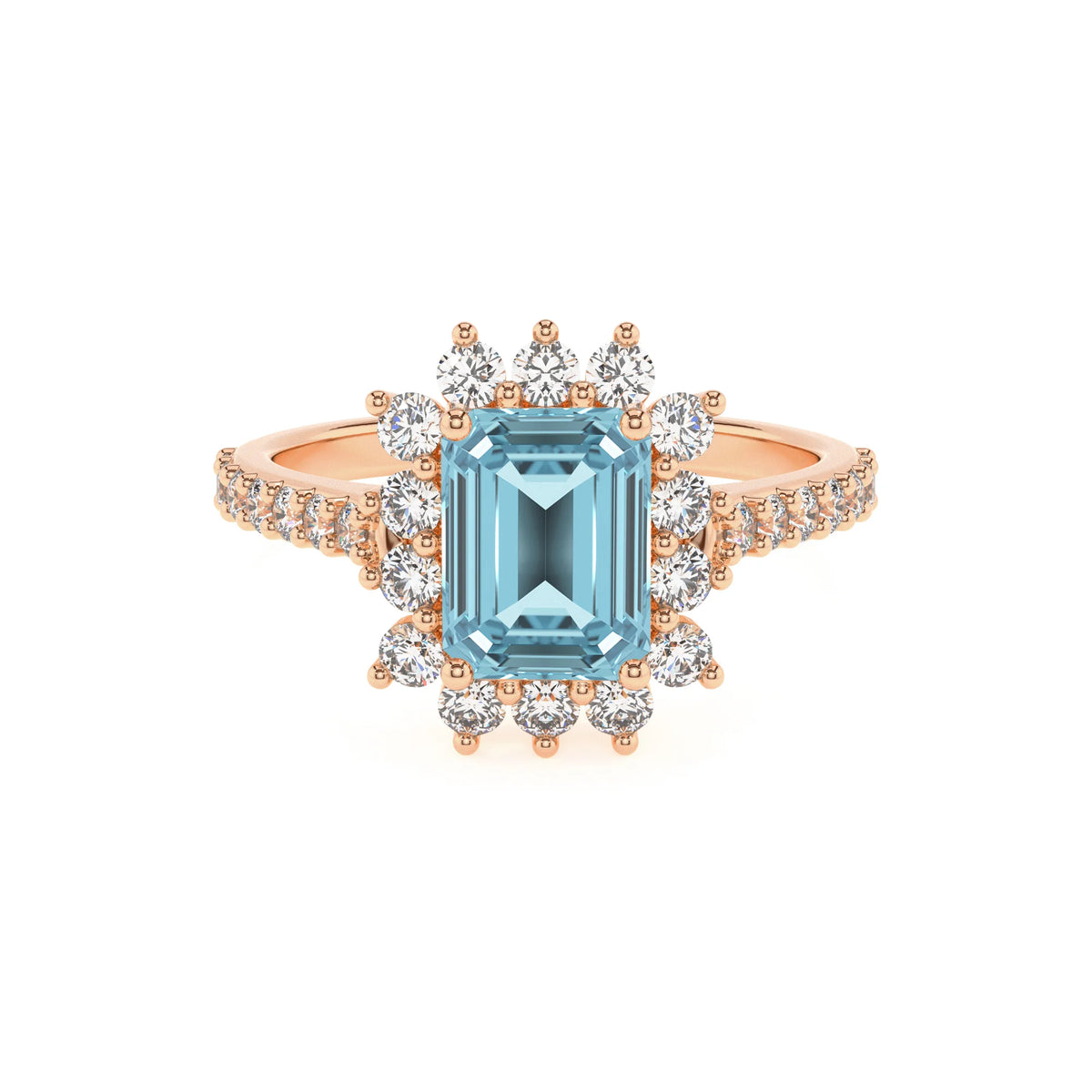 lab grown aquamarine emerald cut solitaire rings in rose gold 
