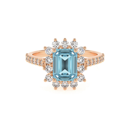 lab grown aquamarine emerald cut solitaire rings in rose gold 