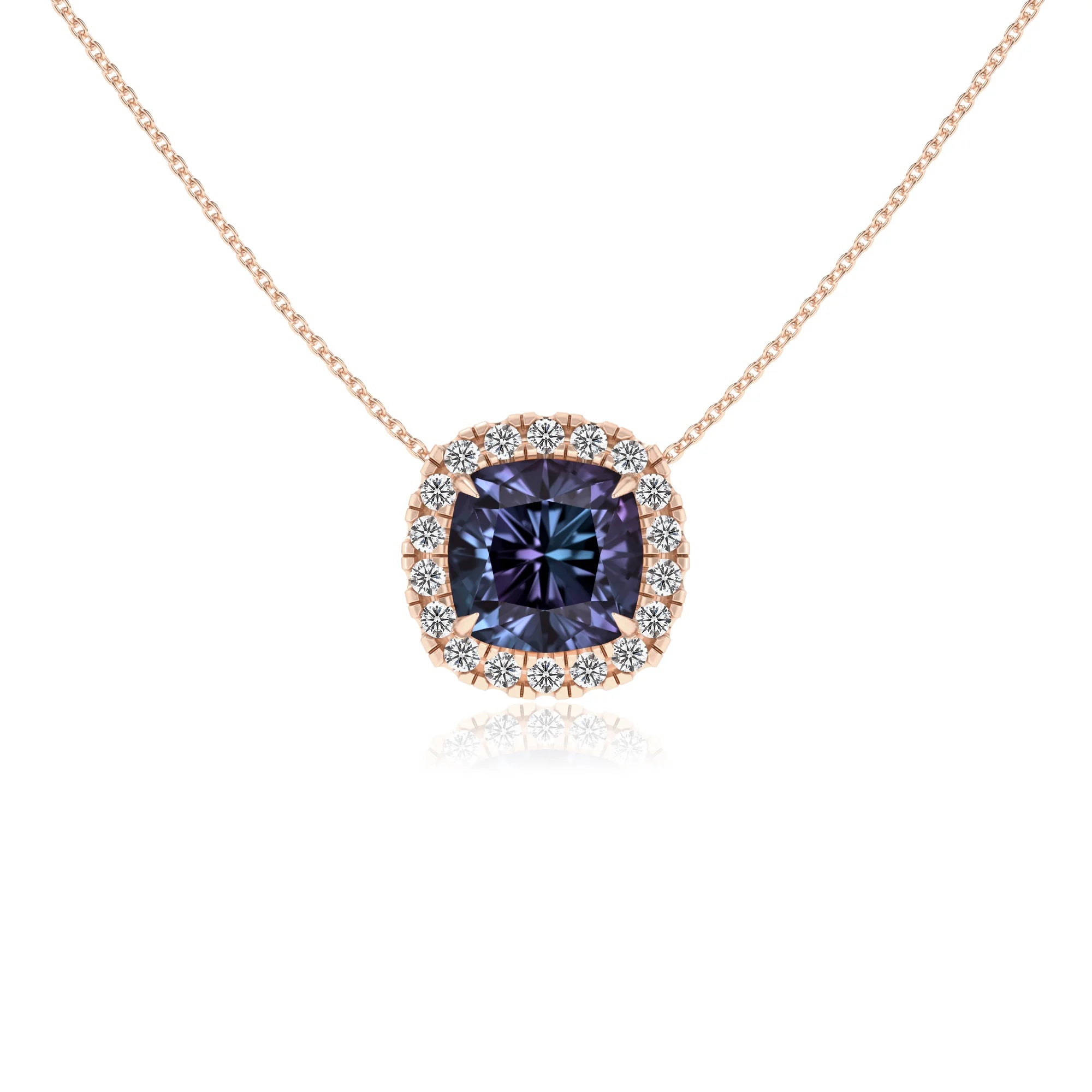 lab grown alexandrite cushion solitaire necklaces in rose gold 