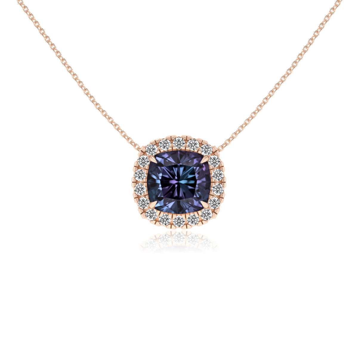 lab grown alexandrite cushion solitaire necklaces in rose gold 