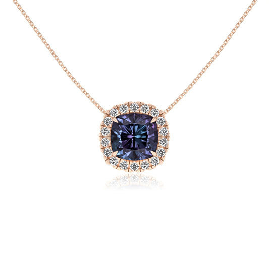 lab grown alexandrite cushion solitaire necklaces in rose gold 