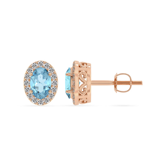 lab grown aquamarine oval stud earrings in rose gold 