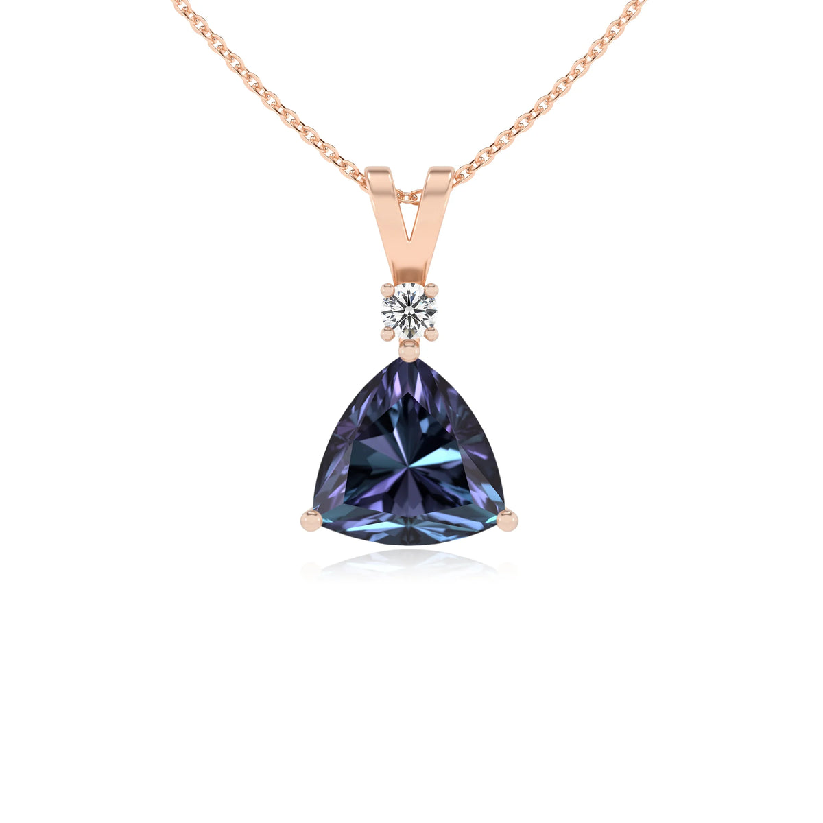 lab grown alexandrite trillion solitaire v-bale necklaces in rose gold 