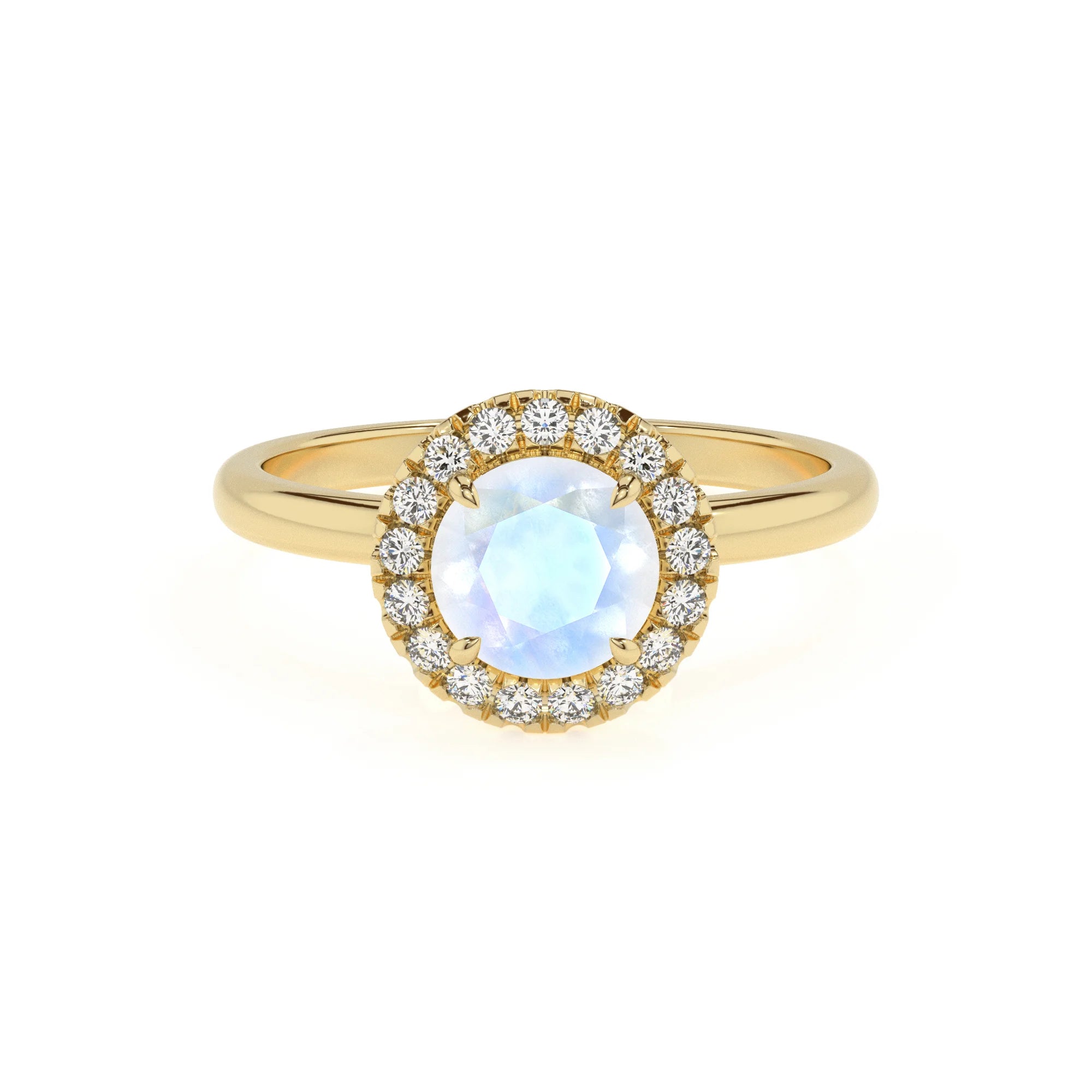 natural rainbow-moonstone round solitaire rings in yellow gold 