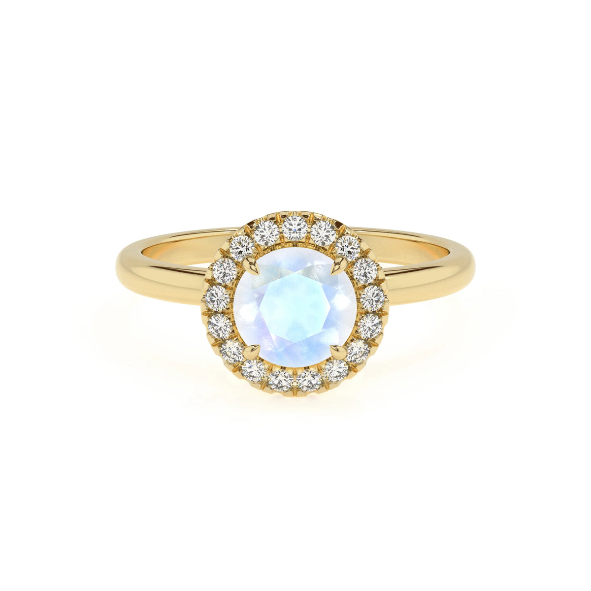 natural rainbow-moonstone round solitaire rings in yellow gold 