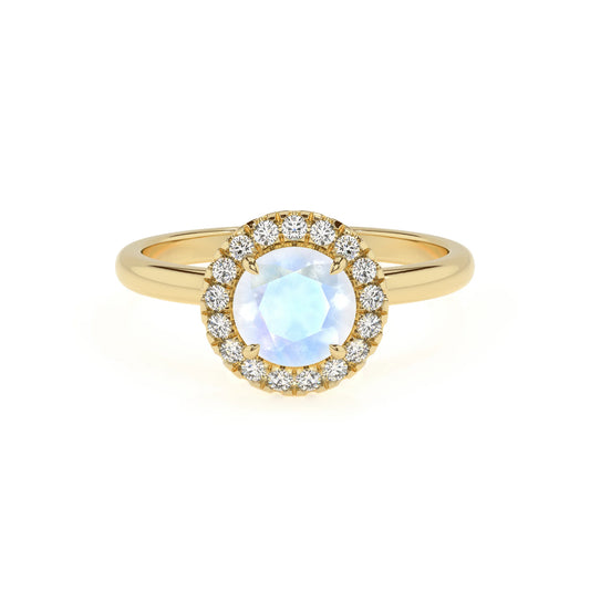 natural rainbow-moonstone round solitaire rings in yellow gold 