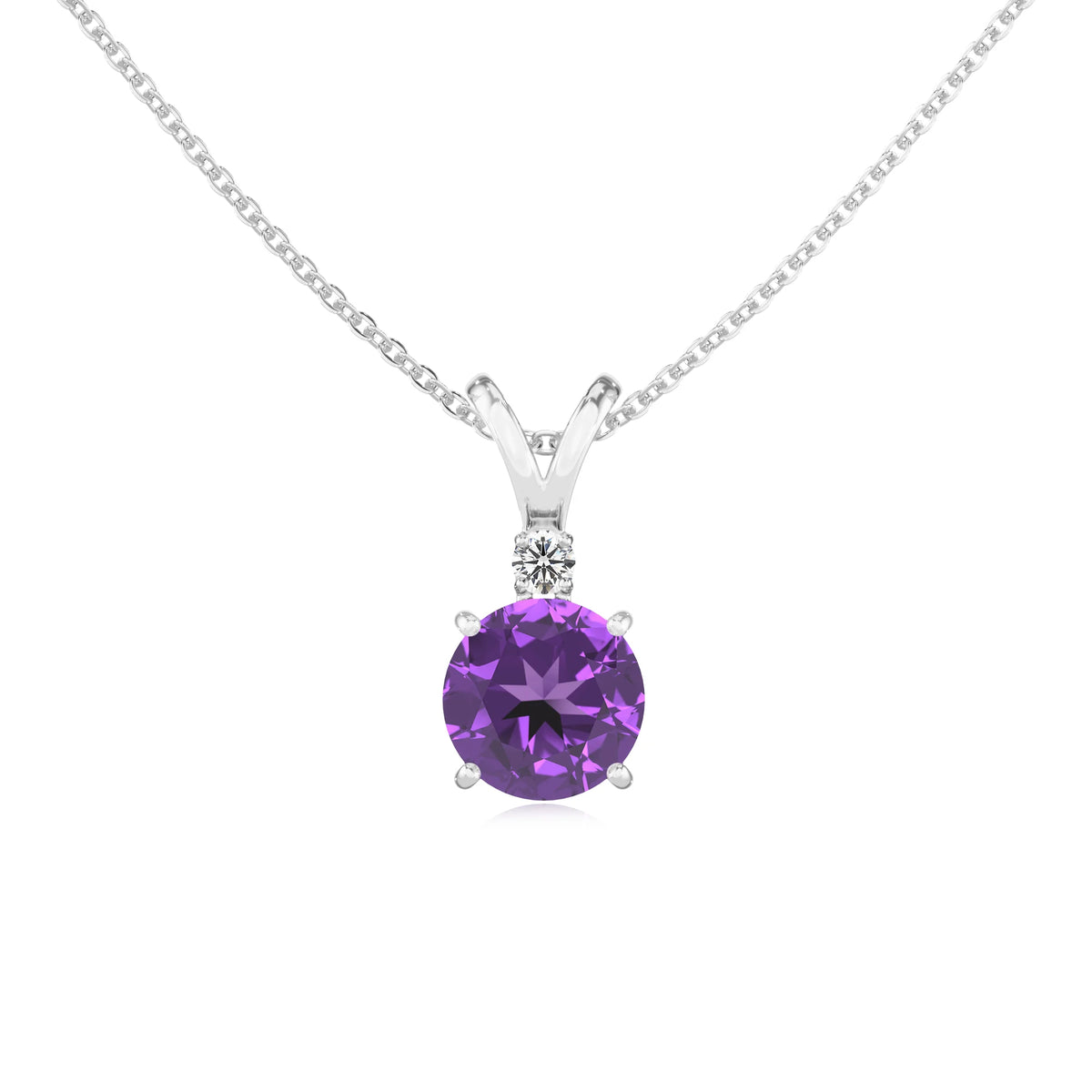lab grown amethyst round solitaire v-bale necklaces in sterling silver 