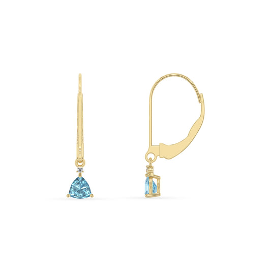 lab grown aquamarine trillion drop earrings in yellow gold 