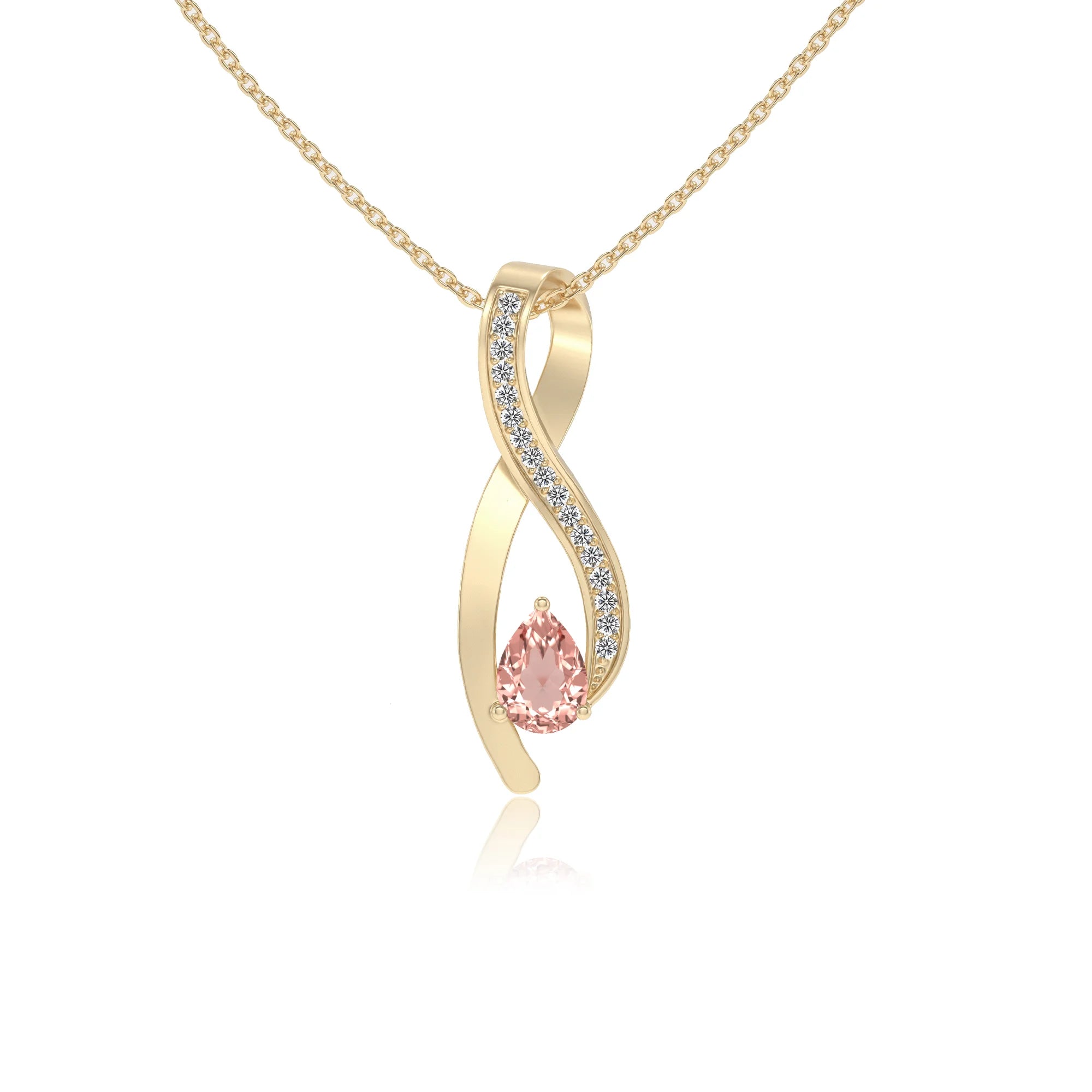 lab grown morganite pear solitaire necklaces in yellow gold 