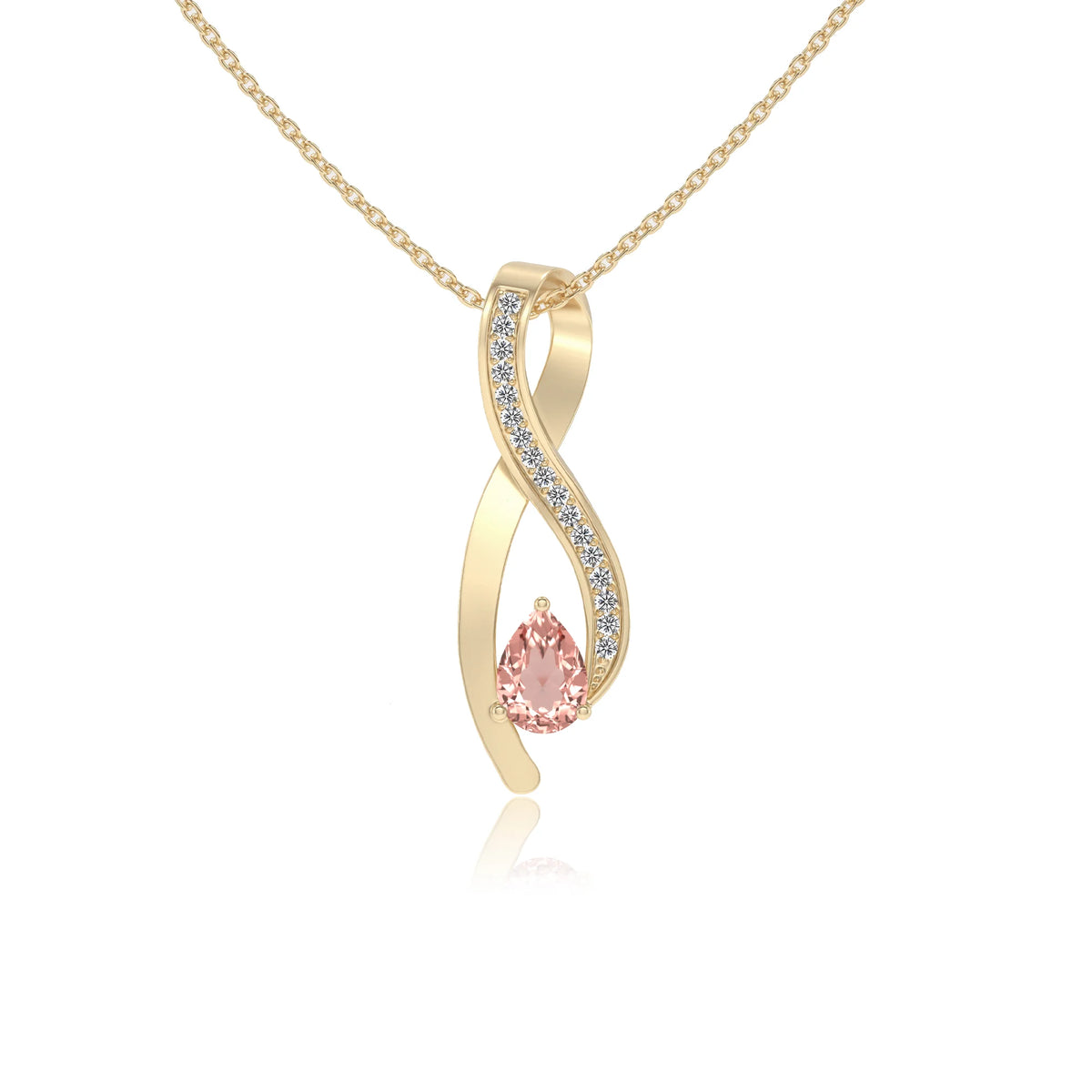 lab grown morganite pear solitaire necklaces in yellow gold 
