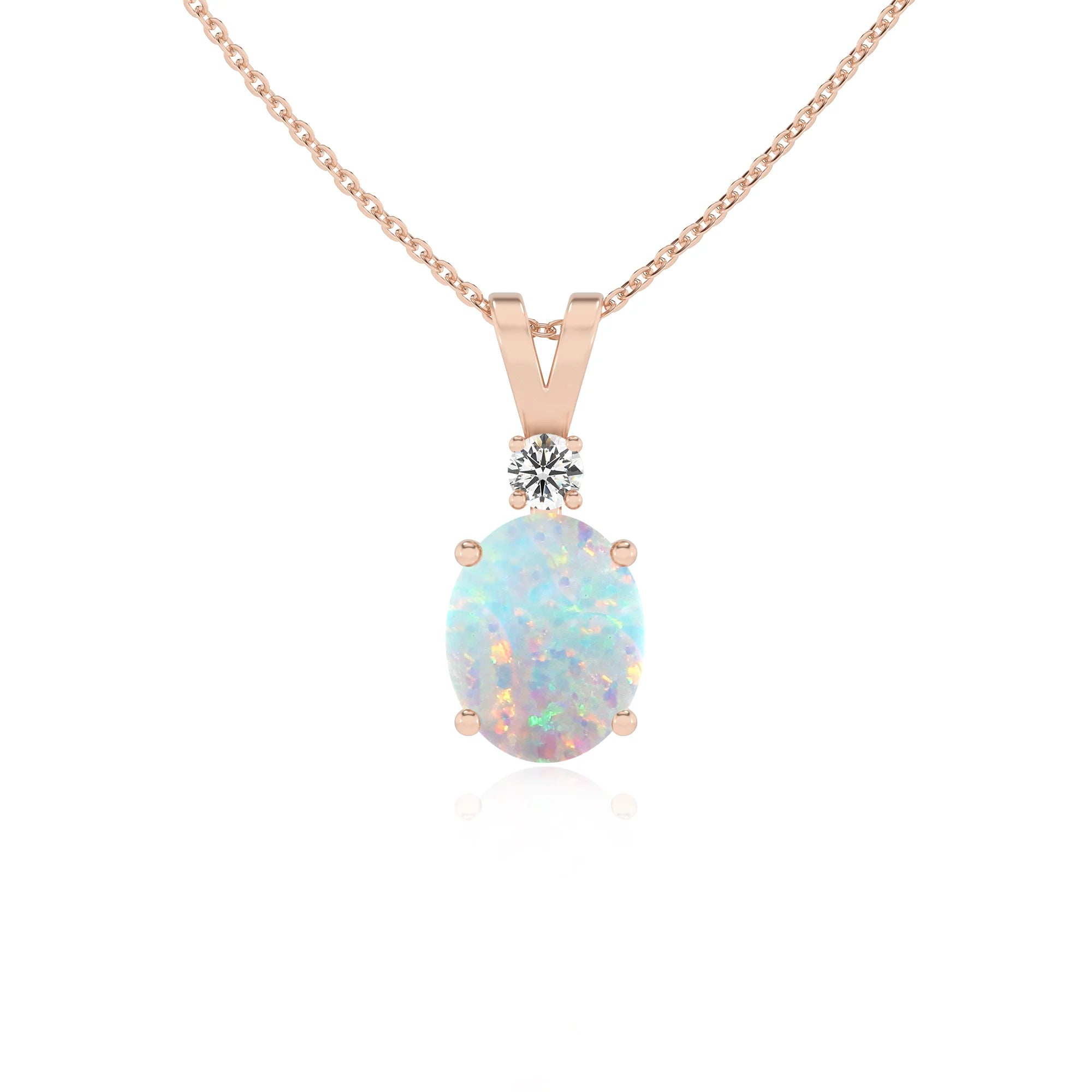 lab grown opal oval solitaire v-bale necklaces in rose gold 