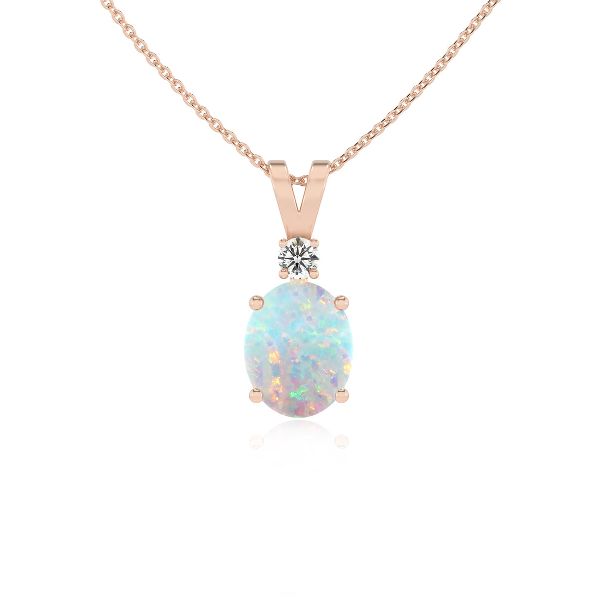 lab grown opal oval solitaire v-bale necklaces in rose gold 