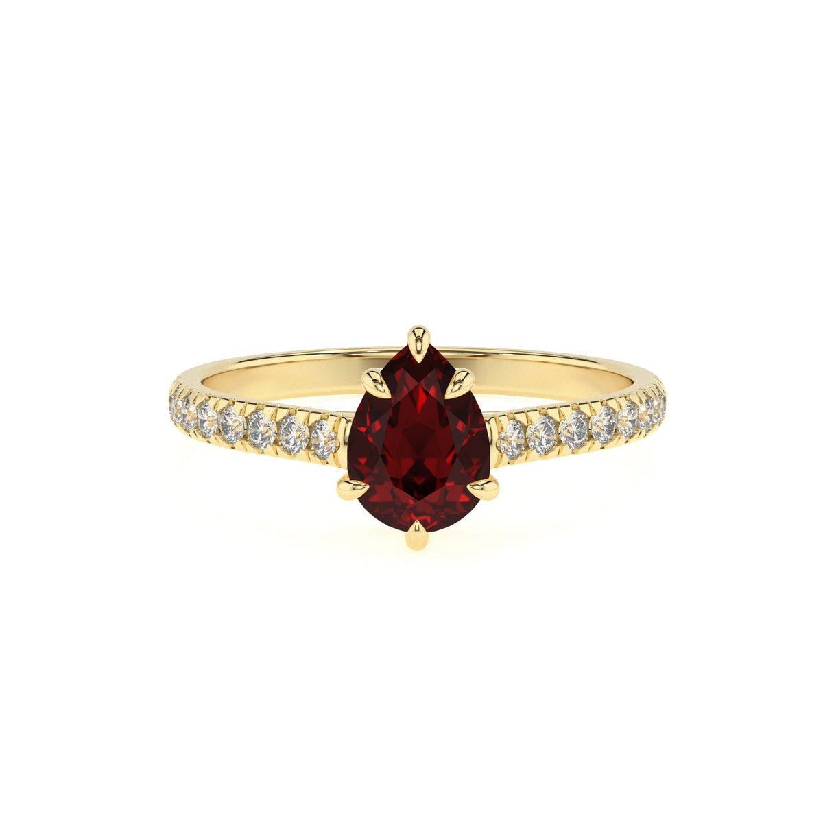 natural garnet pear half eternity solitaire engagement rings in yellow gold 