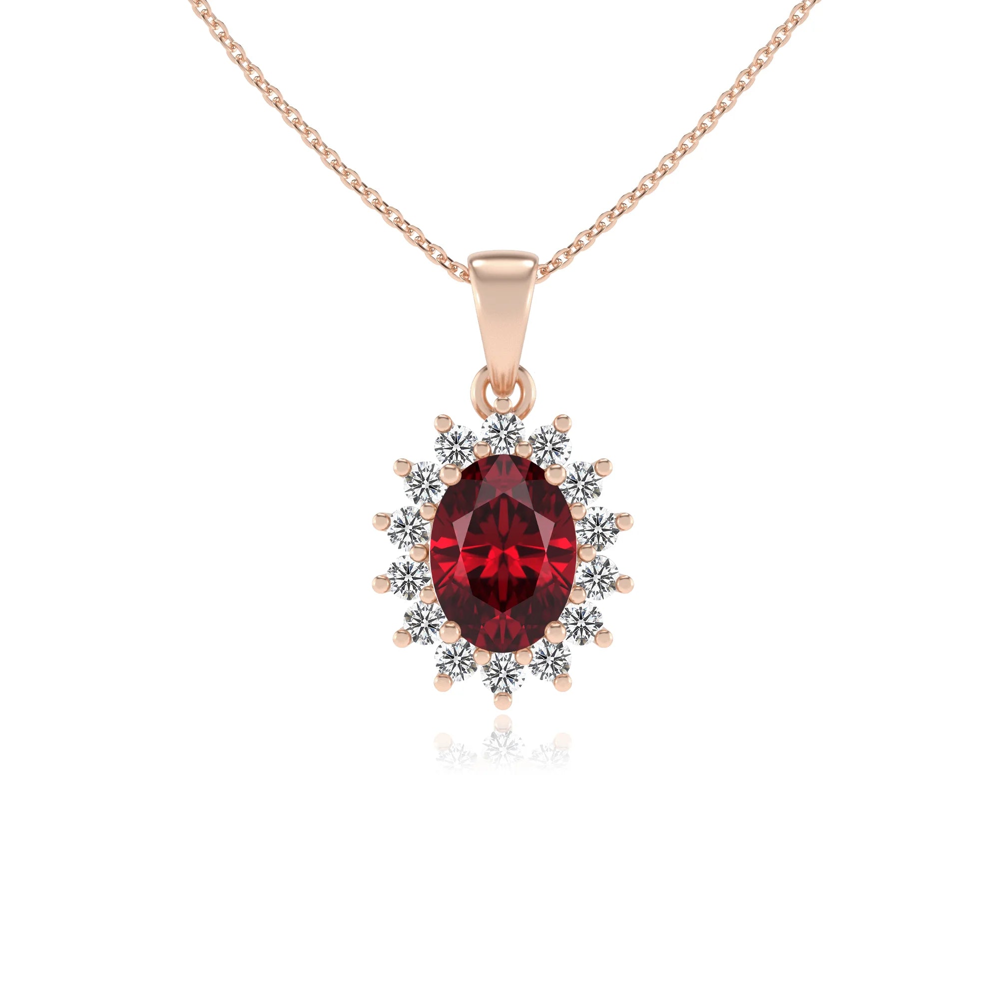 lab grown ruby oval halo necklaces in rose gold 