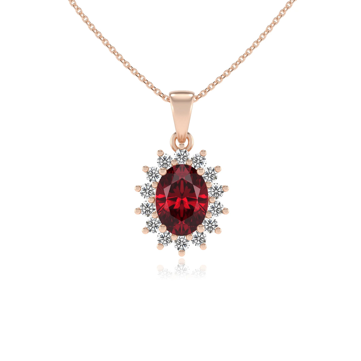 lab grown ruby oval halo necklaces in rose gold 